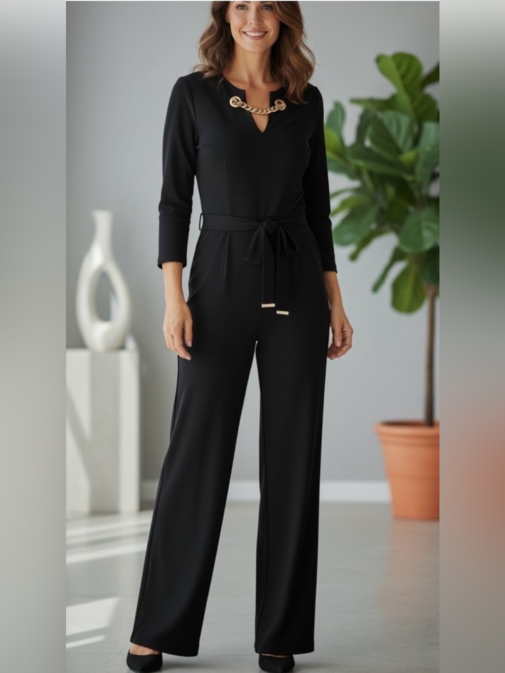 Tommy Hilfiger Black Wide-Leg Belted Jumpsuit